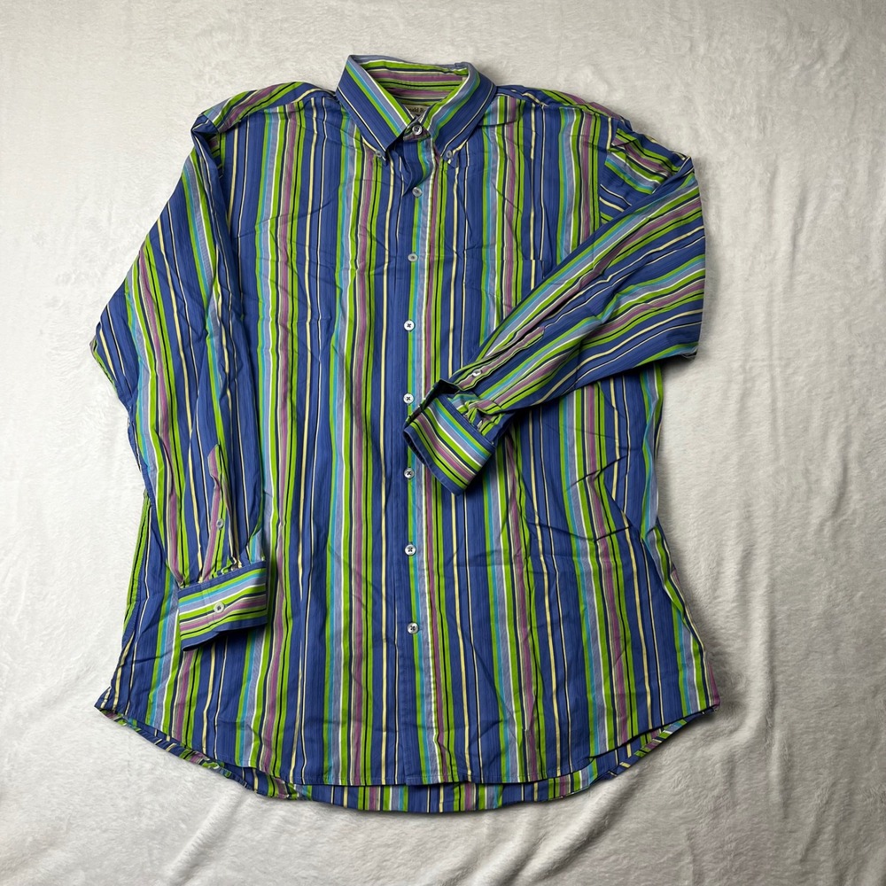 Donald Ross Mens Large Blue Green Striped Cotton Button‎ Down Shirt The Cliffs